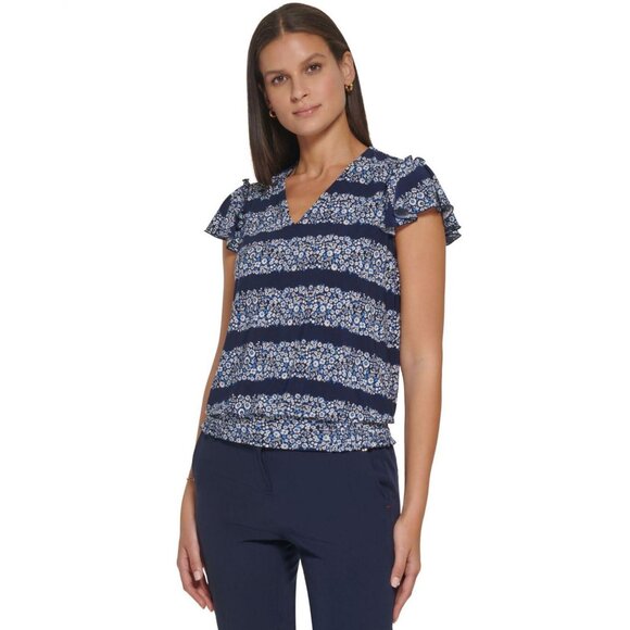 NWT Tommy Hilfiger V-Neck Flutter-Sleeve Top H25TM88H XL Midnight Multi Blue - Picture 1 of 8